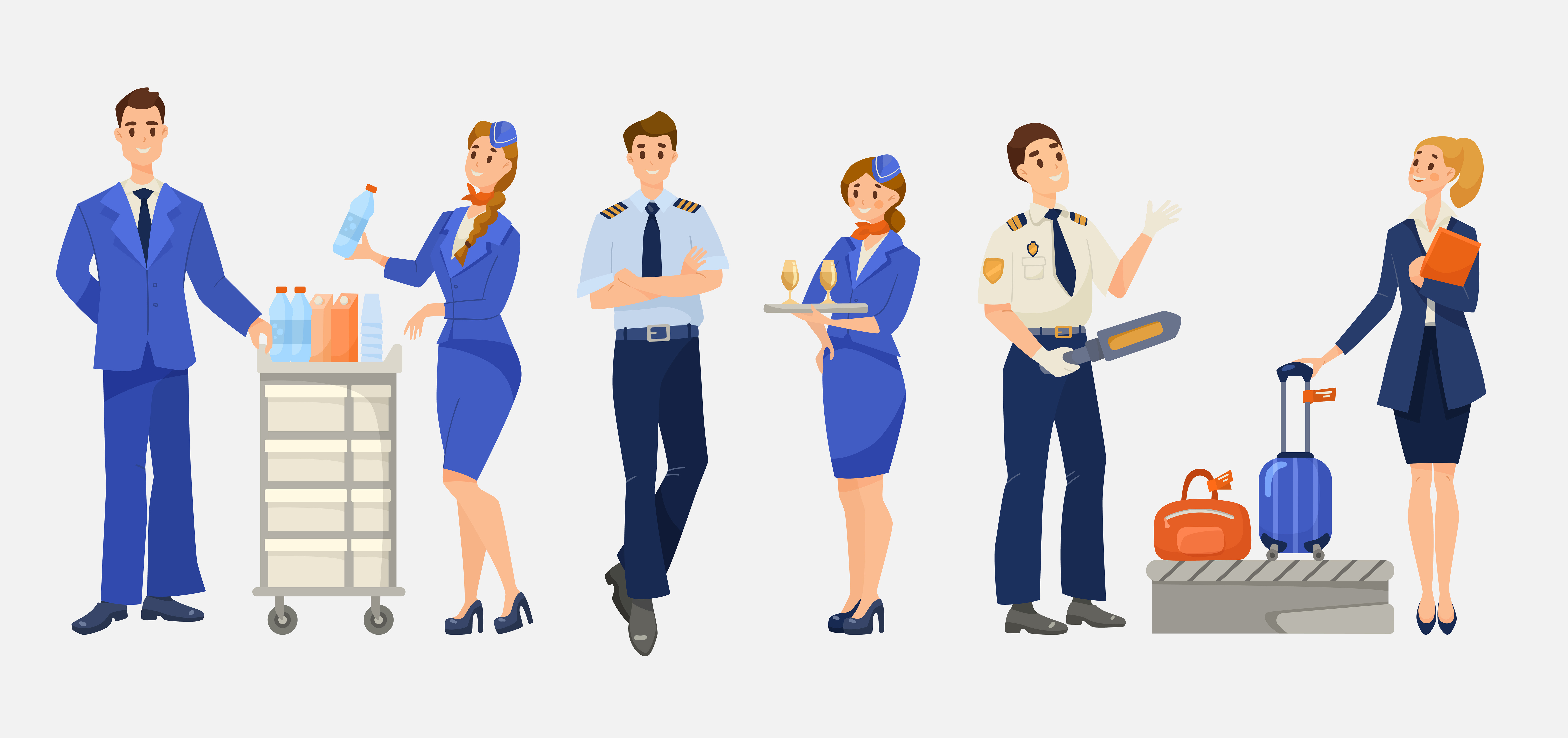 Airplane or airline staff cartoon illustration set. Stewardess, steward, pilot, male and female flight attendant in uniform, passenger going through airport security.  Aviation, aircraft crew concept